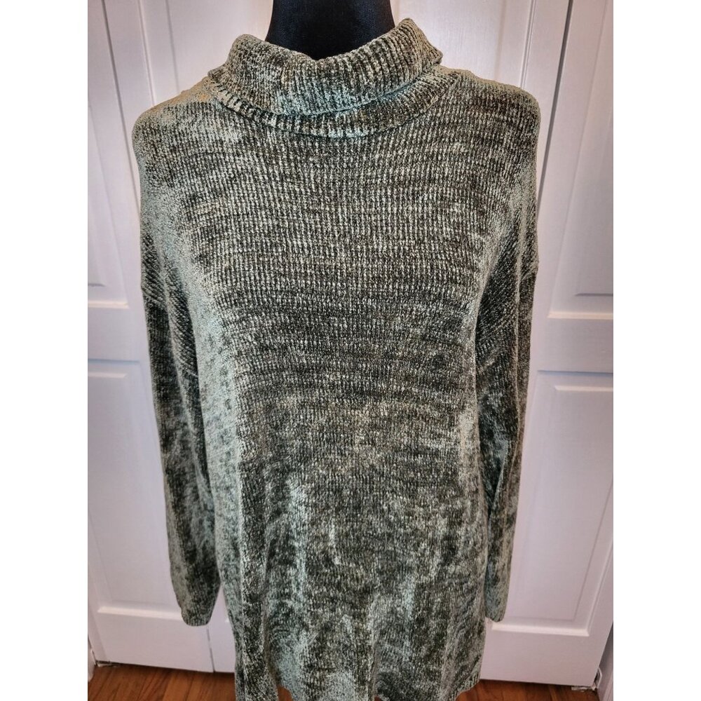 Sarah Arizona Vintage 90s Chenille Olive Green Turtleneck Tunic Sweater M Cozy